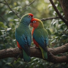 Fototapeta premium A pair of lovebirds sitting close together.