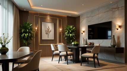 Here's a description and keywords for your image... Luxurious modern dining room with marble wall, large TV, and elegant furniture.