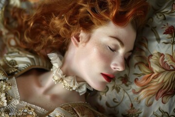 A woman with bright red hair is lying on a bed, looking relaxed