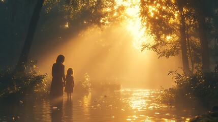 Fototapeta premium Silhouetted mother and daughter stand in a misty forest stream at sunrise.