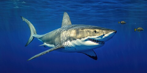 Fototapeta premium A great white shark glides through the ocean waters