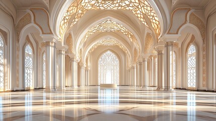 Fototapeta premium Sunlit grand hall with Islamic architecture, arches, columns, and ornate details.