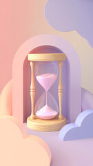 Wooden hourglass with soft pink sand set within an archway and surrounded by pastel clouds in shades of peach, lavender, and cream, symbolizing time, tranquility, and whimsy.

