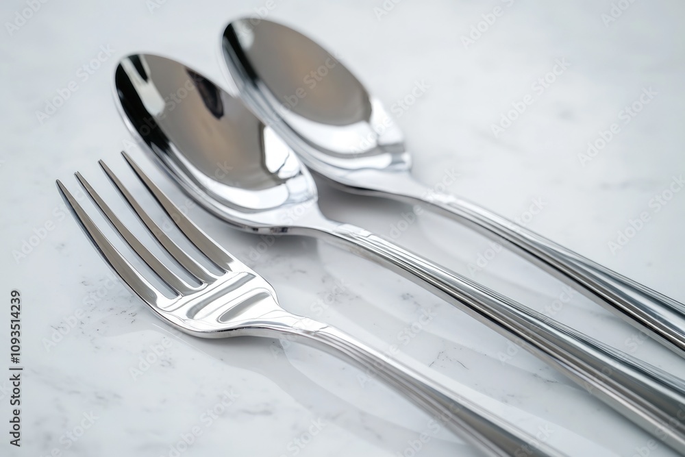 Aufkleber close-up shot of a fork and two spoons lying on a table, ideal for use in food-related illustrations