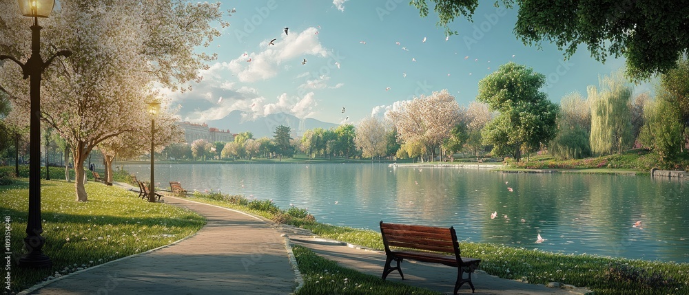 Wall mural Serene spring park scene with lake, path, benches, and blooming trees.