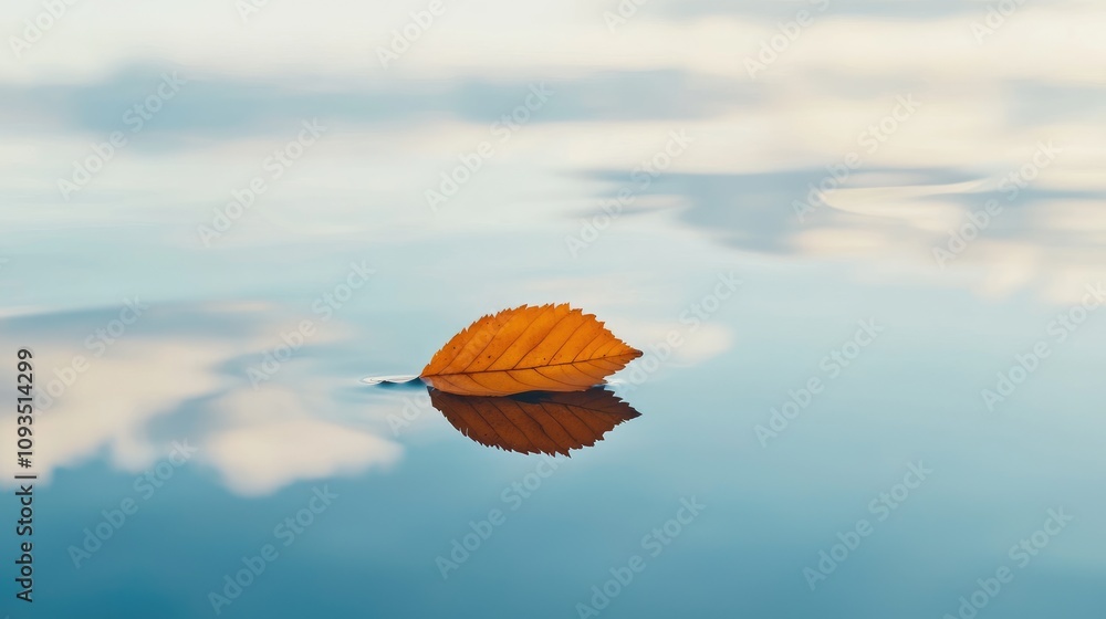 Aufkleber serene reflection of an isolated leaf on calm water surface with soft cloudy sky in the background