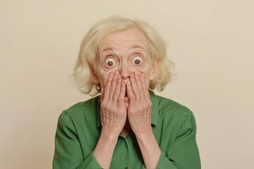 A senior woman shielding her eyes from something