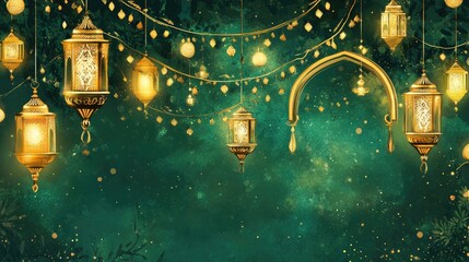 Obraz premium Golden Lanterns and Festive Decorations Adorn a Dark Green Background
