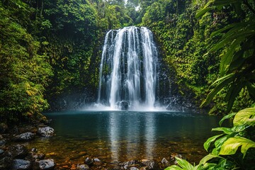 Fototapeta premium Tropical waterfall with lush foliage and serene pond