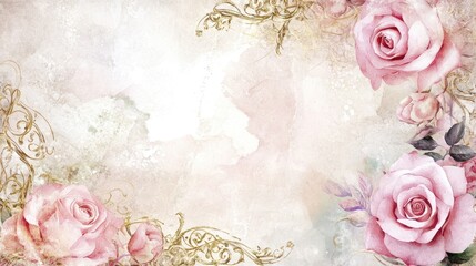 Watercolor Roses Gold Filigree Vintage Floral Design