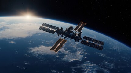 Obraz premium Space station orbiting Earth with solar panels reflecting sunlight, set against the vastness of space and a stunning view of the planet's atmosphere and horizon
