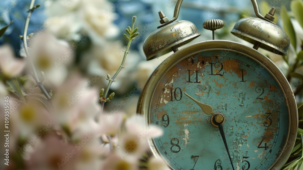 Poster a close-up shot of a clock surrounded by colorful flowers