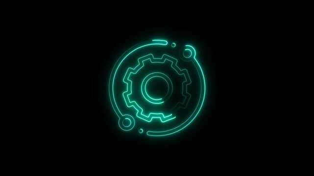 Spinning gears animation. glowing neon settings icon.