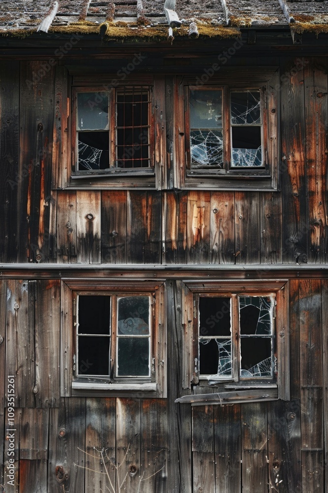 Poster abandoned wooden building with broken windows, featuring a bird perched on top