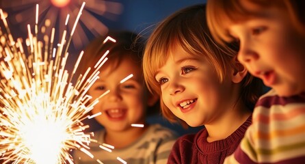 Three smiling children joyfully hold sparklers, their faces lit up with excitement and joy during a festive celebration. Capturing a moment of celebration and happiness. New year celebration