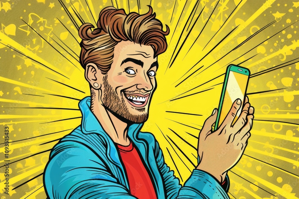 Poster a person holding a smartphone, useful for tech-related themes and concepts