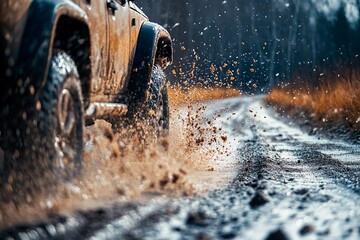 Off-road adventure through mud and puddles in the wilderness during autumn. Generative AI