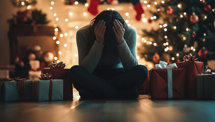 Person Sitting Alone with Head in Hands Amid Christmas Gifts, Struggling with Holiday Depression and Loneliness