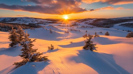 Majestic Sunset Over Snowy Mountain Landscape