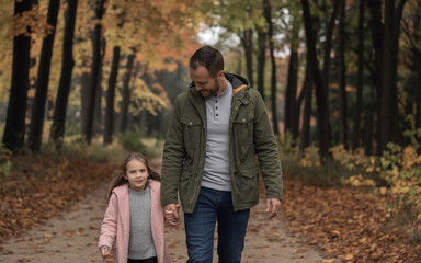 Fototapeta premium Close-up of a father and daughter enjoying a walk in an autumn forest, sharing a fun moment outdoors together.