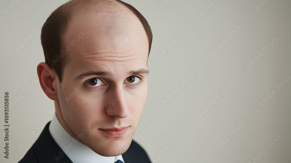 Poster young professional man with patchy uneven balding causing visible insecurity