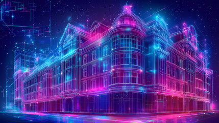 Obraz premium Haussmannian building with digital enhancements, holographic windows, futuristic city background, neon lighting, cyberpunk style. Futuristic Holographic Cities. Illustration