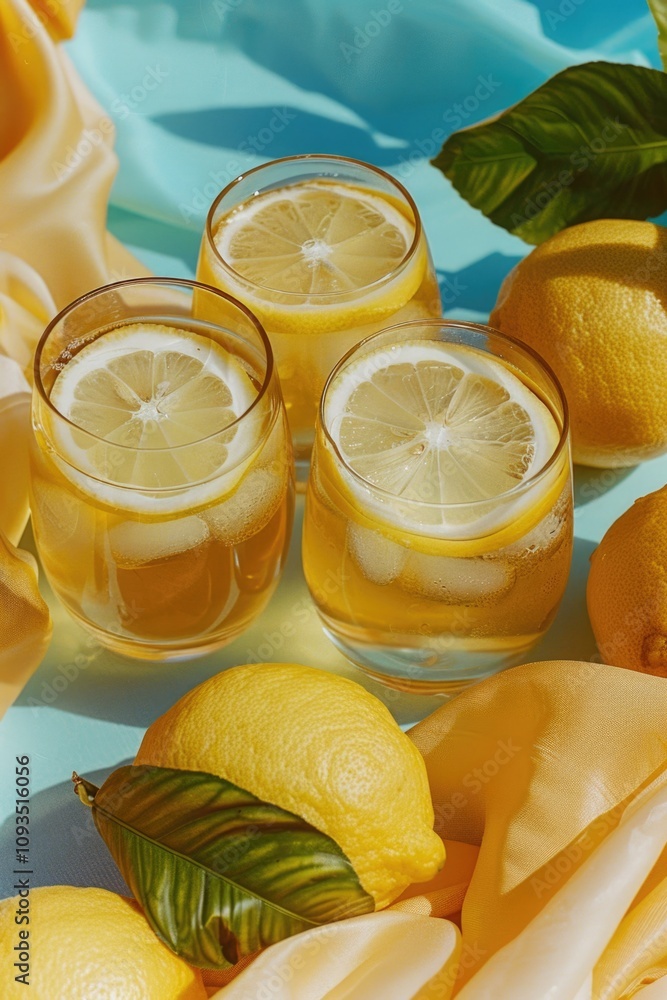 Poster Freshly squeezed lemonade served in three glasses with sliced lemons on a table