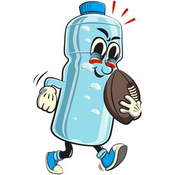 recommend clip art: water plastic bottle cartoon mascot character playing rugby and american football, vector illustration isolated, work of hand drawn
