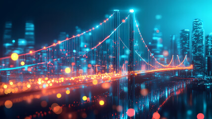 Obraz premium Futuristic depiction of a glowing, holographic bridge connecting two futuristic cities, symbolizing how gratitude connects people in a high-tech world. Futuristic Holographic Cities. Illustration