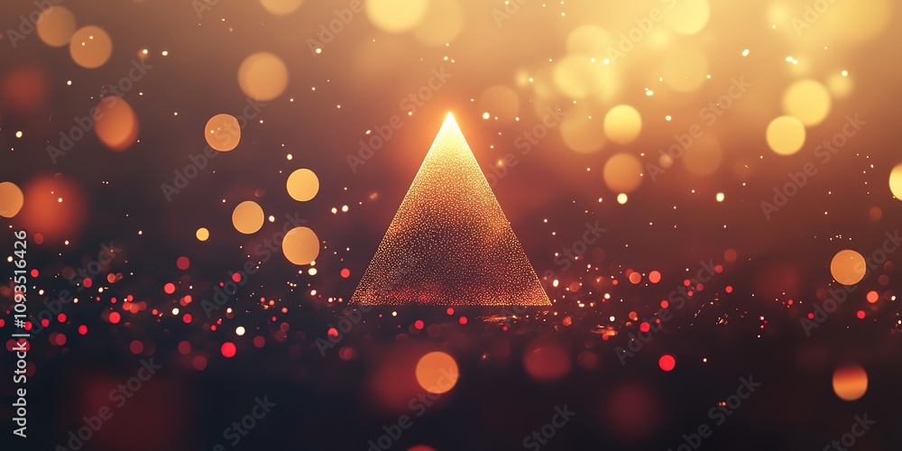 Poster minimalist christmas tree silhouette with simple geometric lines, set against a soft bokeh backgroun