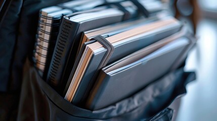 A person's backpack filled with many books, great for education and learning concepts