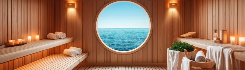 Obraz na płótnie Canvas Spa activity for relaxation in a luxury cruise ship sauna outdoors with stunning ocean view embracing wellness concept