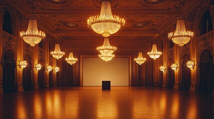 Grand ballroom interior with chandeliers and blank screen.