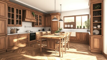Sunlit kitchen with wooden cabinets, island, and herringbone floors.