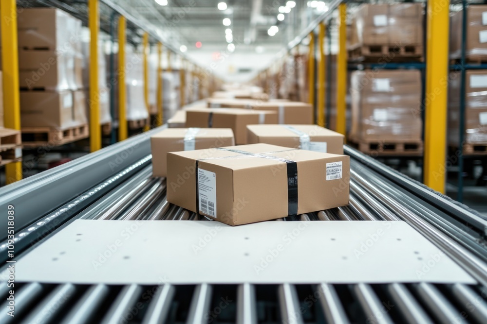 Poster Warehouse storage system with moving boxes
