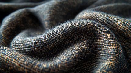 Fototapeta premium A dark gray knitted fabric, with gold threads woven in, is wrinkled and textured.