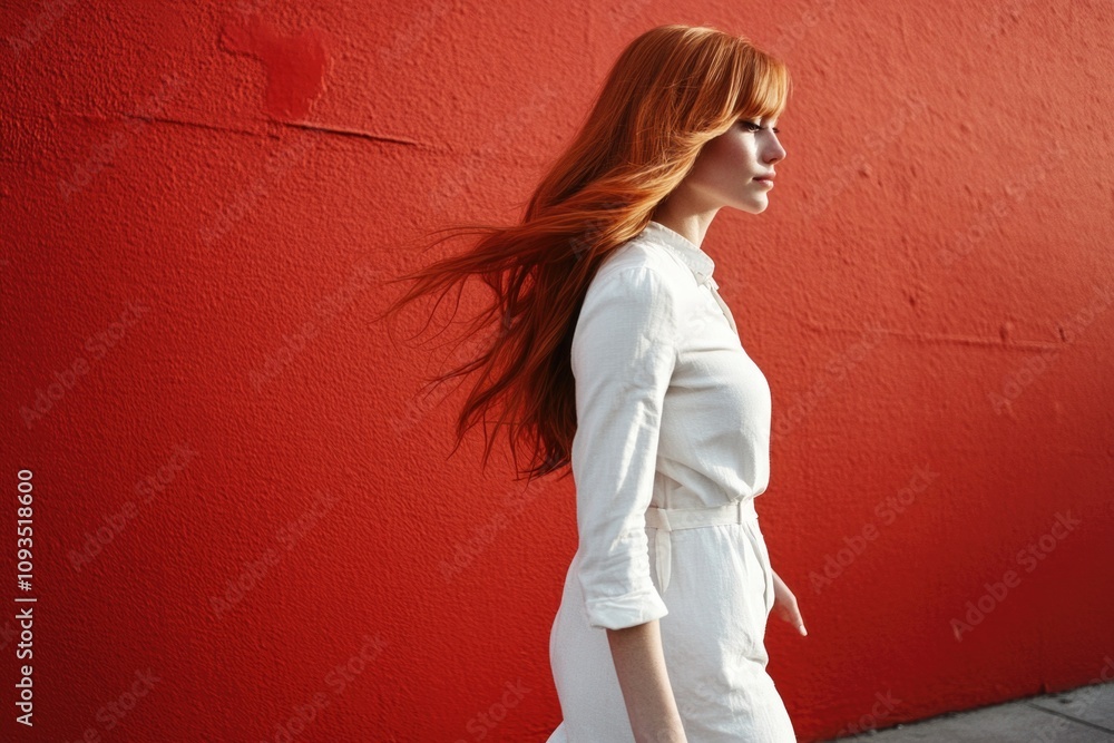 Wall mural A woman with long red hair walking down a sidewalk, great for editorial or commercial use