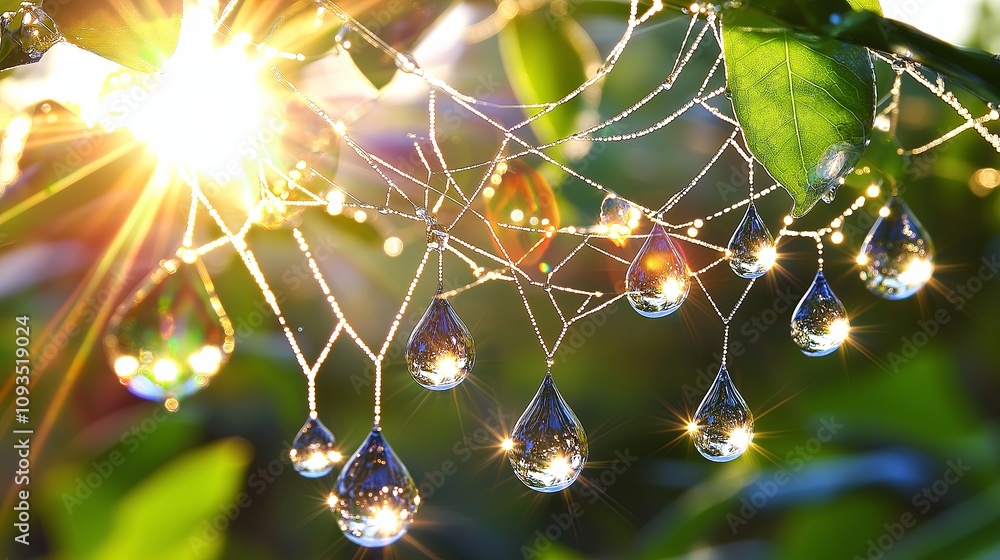 Poster Raindrops on a Spider Web Sparkling in the Su