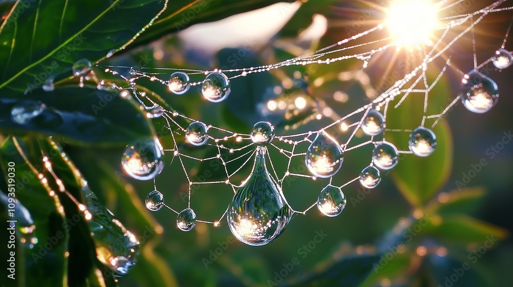Poster Raindrops on a Spider Web Sparkling in the Su