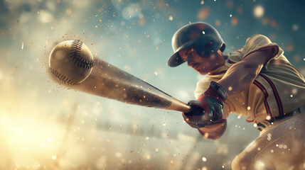 A baseball makes contact with a bat. Ball and bat collide, a pivotal moment in the sport