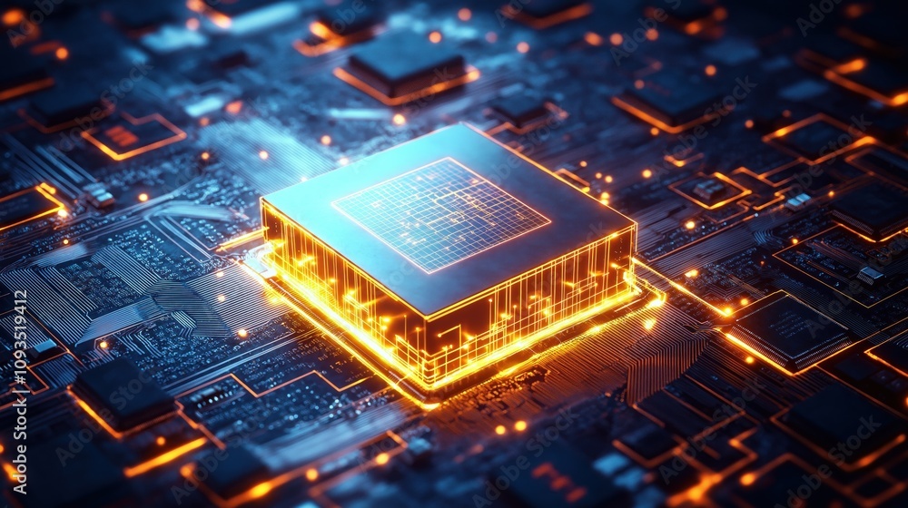 Poster futuristic glowing cpu on circuit board. powerful processing unit. quantum tech. ai circuitry. innov