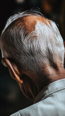 Elderly man with a shiny reflective scalp peeking through his remaining thin white strands