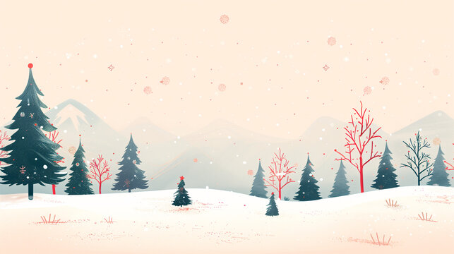 Paisaje invernal ilustrado con &aacute;rboles y monta&ntilde;as en tonos suaves