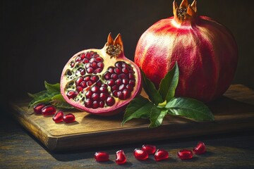 Fresh pomegranate and leaves arranged on a wooden cutting board, ideal for food photography or...