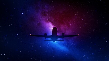 Obraz premium Starry Sky with a Silhouetted Airplane