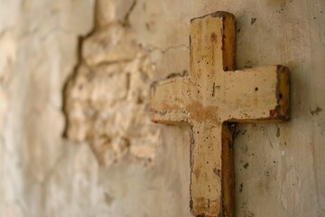 A wooden cross adorns the wall of a building