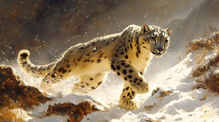 A snow leopard prowling through rocky terrain dusted with snow its intense gaze fixed on the horizon with dramatic shadows highlighting its powerful form