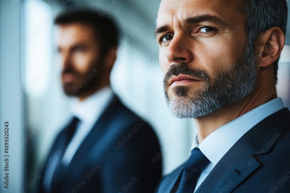 Poster two men in suits and ties standing side by side, likely discussing business or meeting for work