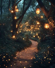 A serene forest pathway illuminated by glowing lanterns and string lights, creating a magical atmosphere at twilight in a tranquil setting