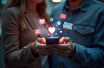 A couple holding a cell phone with a heart on it